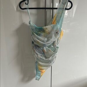 Gorgeous Multicolor Sheer Bodysuit with Cutout with Abstract Design